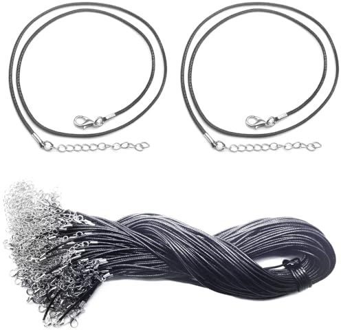 Yosawo 100 Stück Schwarze Gewachste Halskettenschnur mit Hummer Schließe und Verlängerungskette Seil für DIY Schmuckherstellung Halskette Armband Machen Zubehör (1,5 mm)