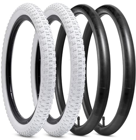 YunSCM 2-PCS 16 Zoll Weiß Fahrradreifen 16x2.125 57-305 und 16 Zoll Verdickung schläuche Schrader Ventil AV32mm, Kompatibel mit 16x2.10 16 x 2.125 MTB, Rennrad Fahrrad Reifen und Schläuche