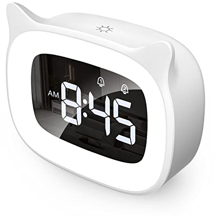 Mizikuu Digitaler Kinder-Wecker Mit Licht, Dual-Alarm, LED-Nachtlicht für Mädchen, Funkuhr Mit Snooze-Funktion, 18 Klingeltöne, 5 Helligkeitsmodi, 12/24 Stunden, USB-Aufladung, Weiß