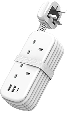 Unidapt Socket Extension Lead, USB C & A, White, 1.5M Rollable Cord | 3250W 13A multi plug adaptor; compact UK 3 pin power strip; for home; office and travel