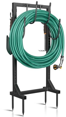 Winpull Garden Hose Holder Water Hose Holder with 4 Spikes, Freestanding Hose Hanger Outdoor Hold Stand Heavy Duty 4 Hooks Metal Garden Hose Storage Hose Reel Rack for Outside (Black)