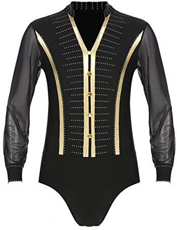 Nyeemya Herren Langarm Hemd Body Latein Tanzbody Glitzer Stringbody Einteiler Eiskunstlauf Bekleidung Dancewear Schwarz M