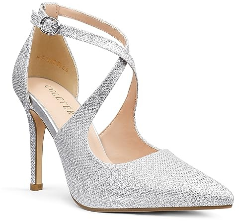 COLETER Womens 4 Pointed Toe D'Orsay Pumps Stilettos High Heel Crossed Ankle Strap Dress Shoes Silver Glitter 9.5US