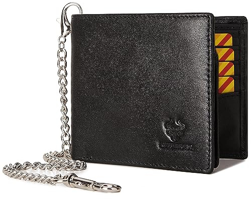 HUMERPAUL Mens Wallet with Chain, RFID Blocking Genuine Leather Bifold Wallet Minimalist With 2 ID Window (Black)