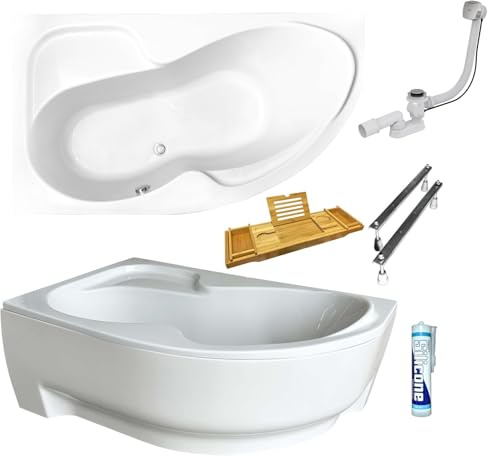 ECOLAM Badewanne WELA 160x100 cm links Schürze | Wanne mit Bambusablage Wannenbrücke | Eckwanne Eckbadewanne Antirutsch + Ablaufgarnitur Füße Silikon Komplett-Set Acryl weiß