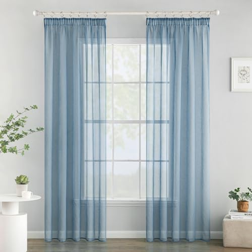 Woaboy Gardinen mit Kräuselband Voile Vorhänge Wohnzimmer Transparent Sheer Curtains Stores Gardine Schlafzimmer Modern Schlaufengardinen 2er Set 140x245cm (BxH) Navy Blau