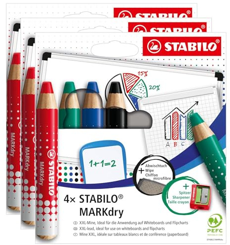 STABILO Set mit 3 Etuis aus Karton, 4 Markerstifte + 1 Spitzer + 1 Reinigungstuch