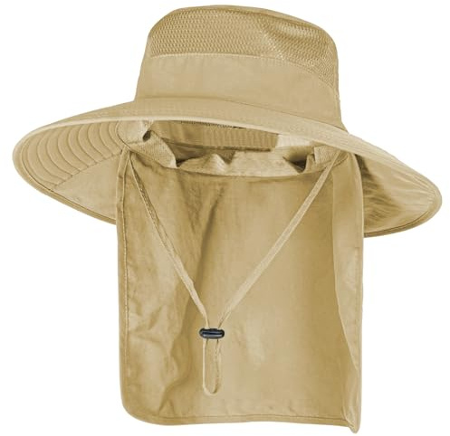 Sun Hats for Men Women Fishing Hat UPF 50+ Breathable Wide Brim Bucket Hats Summer UV Protection Safari Hat with Neck Flap Khaki