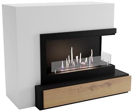 GLOW FIRE Ethanol Kamin Narvik rechtsoffen (Standkamin) - Bioethanol Kaminofen für Indoor mit Holz-Fassade, 3 h Brenndauer, über 2kW Heizleistung, 100 x 90 x 52 cm - Weiß