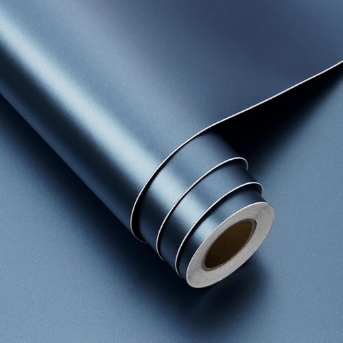 FunStick 24x200 Satin Dark Blue Wallpaper Peel and Stick Blue Contact Paper for Countertops Drawers Appliances Kitchen Cabinet Wall Paper Waterproof Metal Self Adhesive Wallpaper for Bathroom Fridge