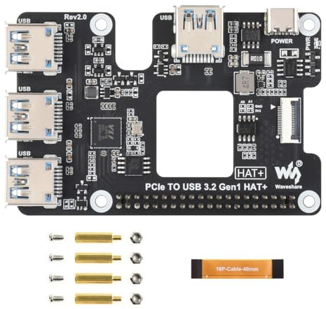 Waveshare PCIe to USB 3.2 Gen1 HAT+ Expansion Card for Raspberry Pi 5, PI5 Adapter Board, 4 USB Ports, 1-to-4 High-Speed USB Ports, HAT+ Standard, with Power Monitoring Chip & Fan Vent, Plug and Play