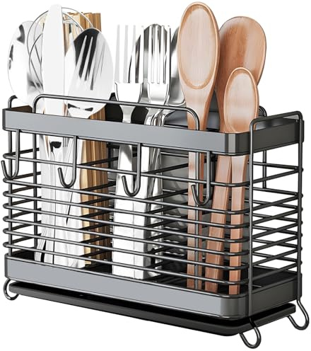 IWNTWY Utensil Holder, Stainless Steel Utensil Drying Rack with Drain Tray, Kitchen Counter Drainer Basket Silverware Cutlery Flatware Holder Forks, Knives, Spoons, Chopsticks Organizer (Black)