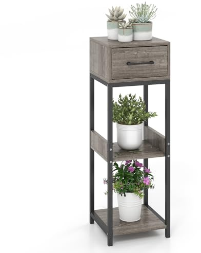 RELAX4LIFE Scaffale per Piante a 3 Livelli con Cassetto, Portafiori con Dispositivi Anti-ribaltamento, Struttura in Metallo, Porta Piante da Interno, Portata 60kg (1)