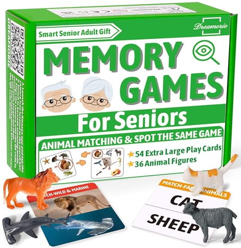 DREAMORIE Animal Matching Memory Games for Dementia Patients | Alzheimers Activities Kit w/ 36 Realistic Animal Figures & 54 Cards, Fun Brain Training Product & Meaningful Gift for Seniors and Elderly