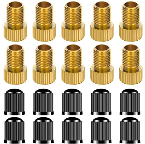 Embout de Gonflage, lot de 10 Adaptateur pour valve Presta en laiton + 10 bouchons, Convertissez Presta en Schrader pour les vélos, e-bikes, et e-scooters, pompe a velo electrique