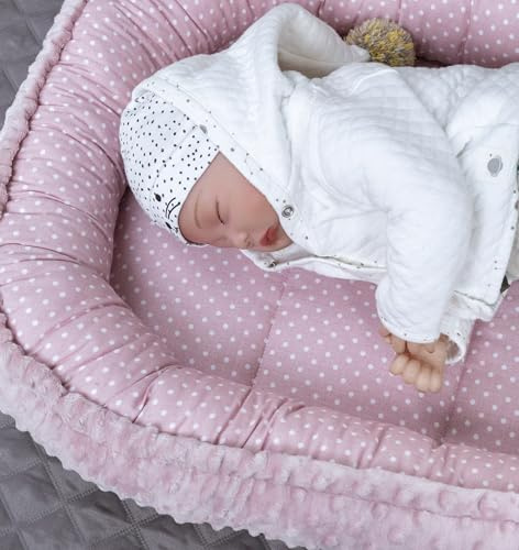 LOOLAY Babynest 85 cm x 60 cm - Baby nestchen aus Minky -Babynestchen Neugeborene Handmade EU - Minky Punkte Rosa
