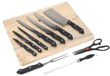 Well Home Set de cuchillos de 11 piezas con cubierta de acetato y tabla de madera - Ideal para tu cocina
