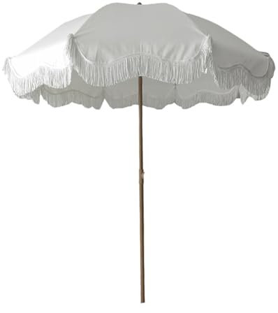 KXWOQ3ED Boho Gartenschirm, 200 cm Weißer Terrassenschirm mit Fransen, Outdoor Tisch Quastenschirm mit Tragetasche für Balkon Strand Rasen Pool