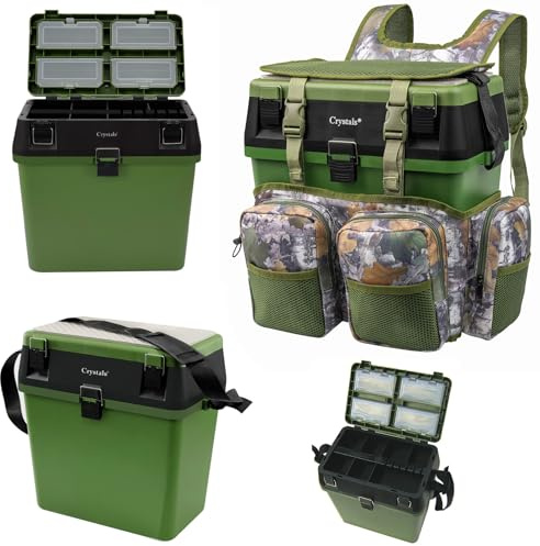 Crystals Fishing Tackle Box with Rucksack & Padded Seat – Portable Backpack Storage for Coarse, Sea, Fly & Carp Fishing – Lure Organizer with Adjustable Straps, Multiple Compartments & Tackle Storage