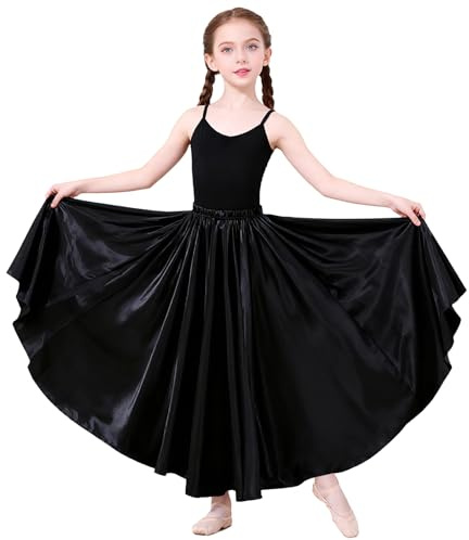 Girls Satin Full Circle Ankle Length Satin Swing Skirt Suitable for 8-12 Years Old Belly Dance Long Skirt (UK, Age, 8 Years, Regular, Black)