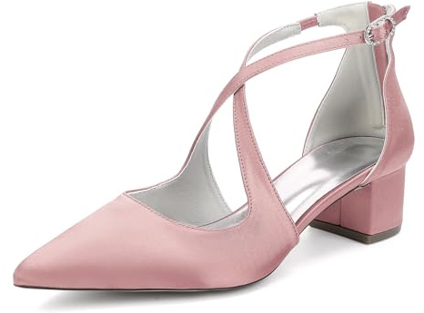 LRMYMHY Mujer Tacón Ancho Bajo Satén Zapatos De Boda Punta Cerrada Zapatos De Novia Fiesta Correa Cruzada Zapatos de la Corte,Rosado,42 EU