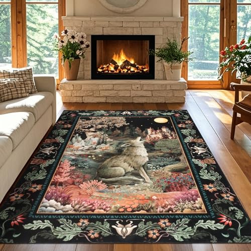 TUKDAK Wölfin Teppich Wohnzimmer rutschfest 160x230cm, Schwarz Waschbarer Teppich Schlafzimmer, Boho Tier Kurzflor Bettvorleger Teppiche Gegend, Fantasy Wald Teppichen für Kinderzimmer Büro Esszimmer