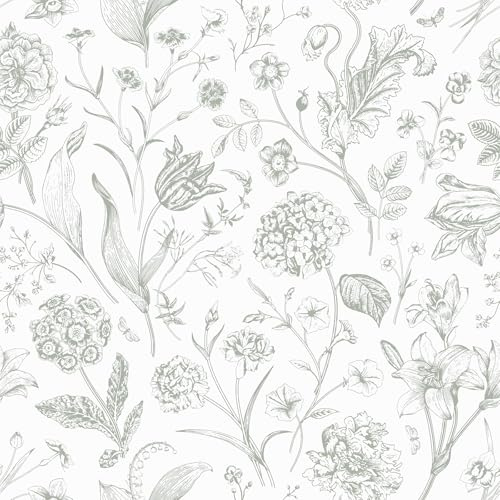 VEELIKE Sage Green Sketch Floral Peel and Stick Wallpaper Vintage Green Toile Wallpaper 17.7''x118'' Removable Self Adhesive Cottagecore Wildflower Wall Paper for Powder Room Bedroom Nursery Renters
