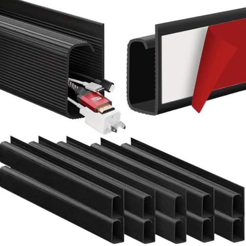 Under Desk Cable Management - 4Pack 30cm Self-Adhesive Cable Raceway for 10+ Cables, J-Shape Black Cable Trunking for PC Electric Wire Tidy Hider, Office & Home