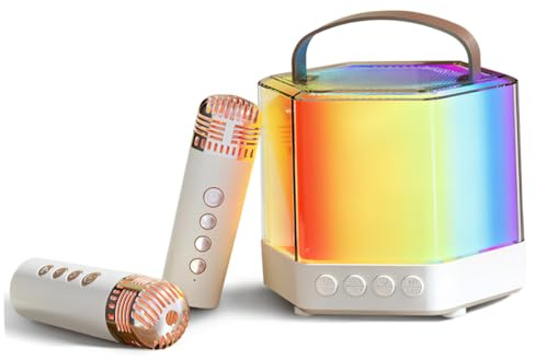 ROMISBABA Machine Karaoké Portable Q7 avec Double Microphone sans Fil Mini Enceinte Karaoké Blanche Compacte Mini Micro LED pour Fêtes Réunions et Loisirs Kit pour Garçon et Filles et