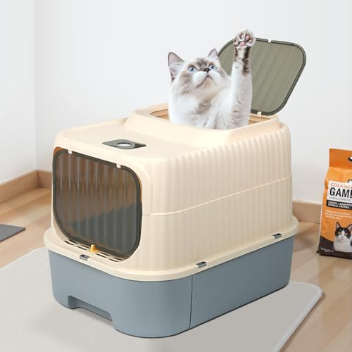 Caja de arena para gatos, caja de arena estilo cajón, caja de arena para gatos con pala, bandeja extraíble, fondo a prueba de fugas (gris-37 x 49 x 37 cm)