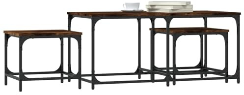 HOMELEN Satztische 3er Set Räuchereiche - Platzsparendes Couchtisch-Set aus Holzwerkstoff & Metall, 3-teiliges Beistelltisch-Set für Wohnzimmer, Schlafzimmer & Büro, 100x50x45 cm & 39x39x34 cm