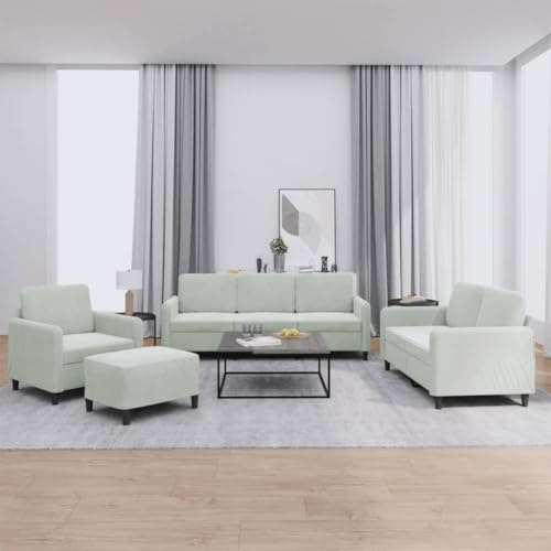 4-tlg. Sofagarnitur Hellgrau Samt, Wohnzimmer Couchgarnitur mit Hocker, bequemes Velours Sofa Set für Wohnzimmer und Esszimmer, modernes 3+2+1 Sofa Set in Grau mit dickem Polster und Metallgestell