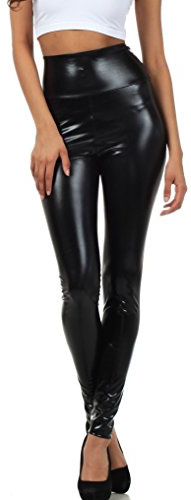 Sakkas glänsande vätska metalliska hög midja stretchleggings, svart, XL plus size
