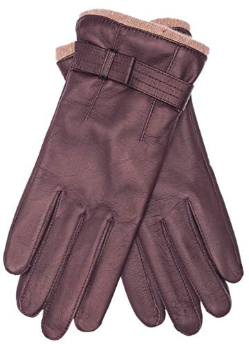 EEM Damen Lederhandschuhe, weiches italienisches Leder, Fleecefutter, Strickbündchen und Zierriegel, aubergine S