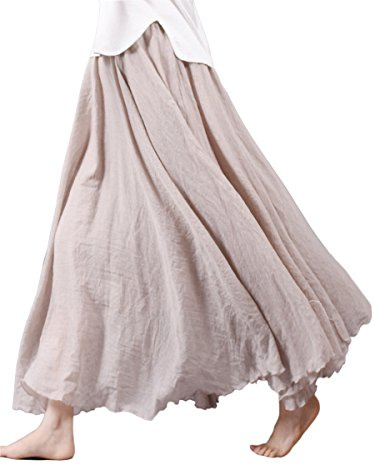 Camilife Gonna Lunga da Donna in Cotone con Doppia Strati Vita Elasticizzata maxigonna Tinta Unita Beige