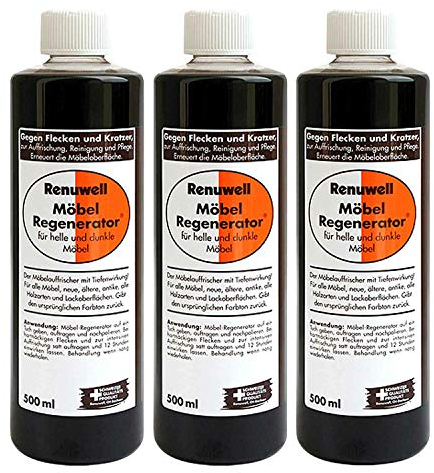 Renuwell Möbel-Regenerator, 3x 500 ml Spar-Set – Intensive Pflege und Regeneration für Holzmöbel und Oberflächen, entfernt Wasserflecken, Kratzer & Hitze - Ringe, Schweizer Qualitätsprodukt