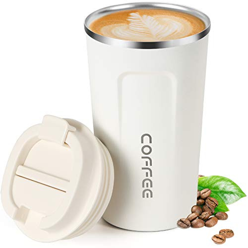 Smilatte 18oz (510ml) Vacuum Insulated Travel Mug, Leakproof Double Wall Stainless Steel Reusable Coffee Cup with Lid for Hot & Cold Drinks, Matte Texture White