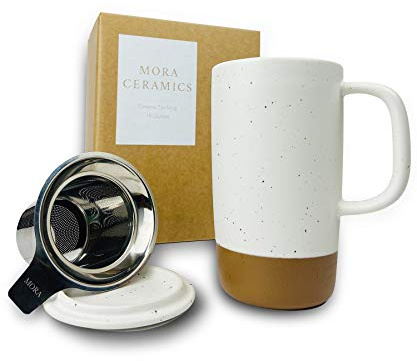 Mora Ceramics Large Tea Mug with Loose Leaf Infuser and Ceramic Lid, 18 oz, Portable, Microwave and Dishwasher Safe, Tall Coffee Cup - Rustic Matte Ceramic Glaze, Modern Herbal Tea Strainer, Cotton
