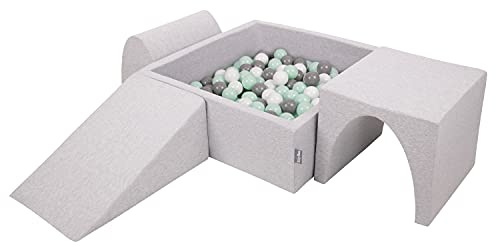 KiddyMoon Spielplatz Aus Schaumstoff Mit Quadrat Bällebad (200 Bälle) Ballgruben Für Babys Spielbad Hindernisläufen, Hergestellt In Der EU, Hellgrau:Weiß/Grau/Minze