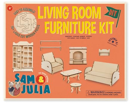 Sam & Julia - Bausatz Wohnzimmermöbel – Puppen-Möbel 1/12 fürs Puppenhaus oder für die Puppenstube zum selber basteln – Bastel-Set enthält: Mini-Sofa, Stuhl, Bestell-Tische und Schrank