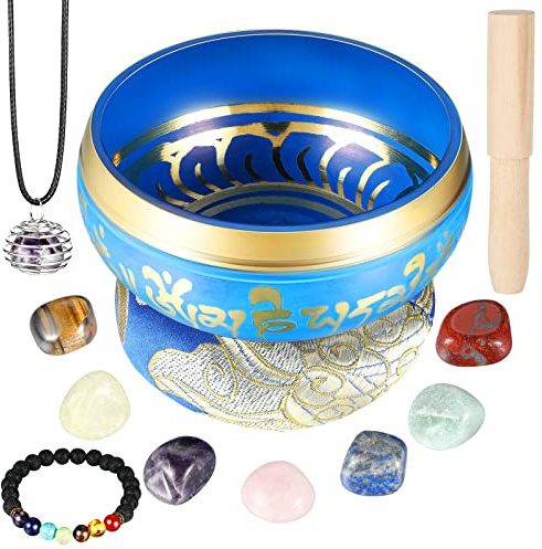 BBTO Tibetan Singing Bowls Set for Healing 3.4'' Meditation Sound Bath Bowl 7 pcs Chakra Crystal Stones Mallet Cushion Chakra Bracelet Pendant(Blue)
