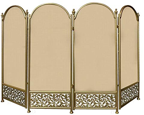 FLBT Großer Kaminschutz für die Sicherheit von Babys und Haustieren, 4-teiliger kunstvoller Schmiedeeisen-Metallkamin, Stehtor, Dekoration, Mesh-Funkenschutzabdeckung (Color : Black) (Gold) Needed