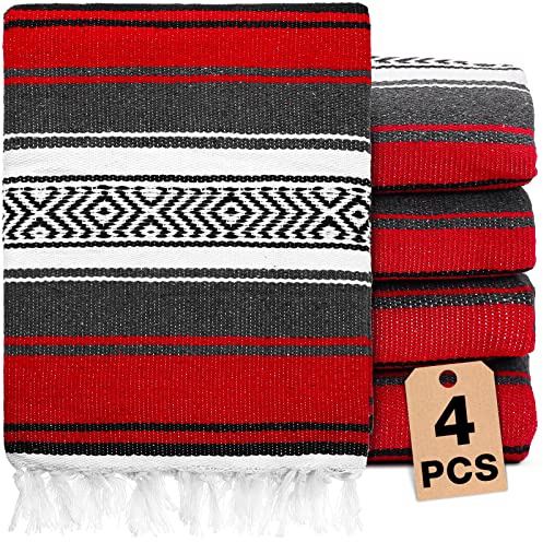 Oudain 4 Pcs Mexican Blankets Bulk Handwoven Mexican Yoga Blanket Towel Colorful Falsa Serape Woven Throw Blanket Boho Beach Blankets for Outdoor Camping Beach Picnic Travel Home(Red)