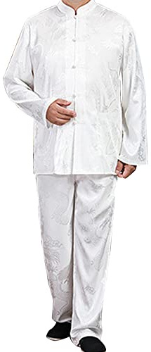 YEMYIQZ Kung Fu Uniform for Men Shirt Suit Chinese Traditional Tang Hanfu Martial Arts Wing Chun Tai Chi Training Cloth Jacket Pants (as1, alpha, m, regular, regular, White)