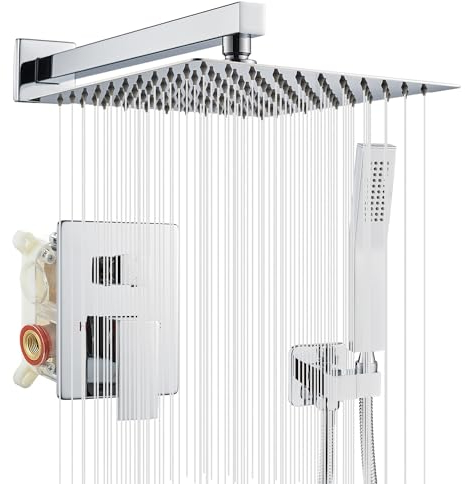 OUGOO Juego de grifería de ducha empotrada, 25 x 25 cm, rectangular, con cabezal de ducha de lluvia y alcachofa de mano, sistema de ducha de acero inoxidable 304 y latón, cromo