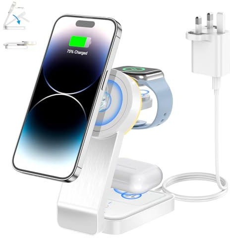 Foldable Travel Mag safe Charger,ADADPU 3 in 1 Fast Charging Station for Apple Watch Series 11/10/9/8/7/6/SE,Wireless Charging Stand for Multiple Devices iPhone 17/16/15/14/13/12 Pro,Airpods Pro/2/3/4