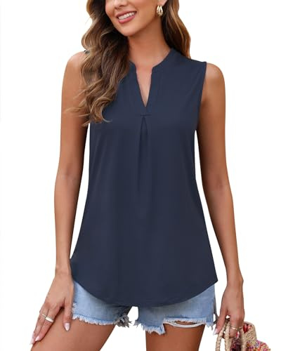 WNEEDU Canotta Donna Estive Scollo a V Camicette Estivo Magliette Casual Tank Top Senza Maniche(Marina,L)