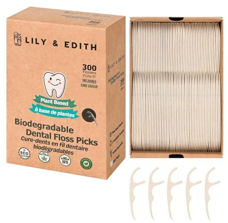 LILY & EDITH Plant Based Dental Floss Picks Adults and Kids 300 Counts, Fluoride-Free, Plant Based Straw Wheat, Earth Friend, Zero Waste Package, Shred Resistant (Unflavored)