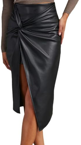 Tinetill Gonna in Pelle PU Midi da Donna con Spacco Vita Alta al Ginocchio Aderente Elegante Casual A-Line Lunga Estiva Attillata