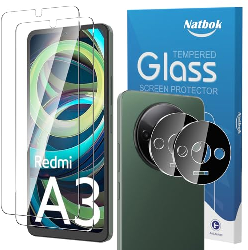 Natbok 2+2 Piezas Protector de Pantalla para Xiaomi Redmi A3/A3X con Protección de Cámara,Cristal Templado,Dureza 9H,Antihuellas,Sin Burbujas,Ultra Transparente Premium Vidrio Templado